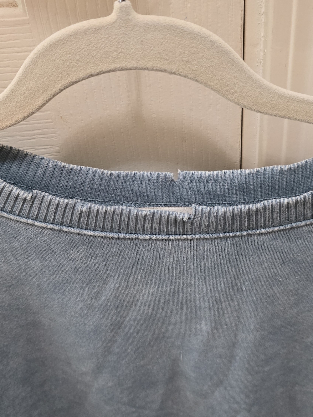 Washed Blue Women's Crewneck Distressed Sweater Puffy Sleeves - Picture 7 of 10